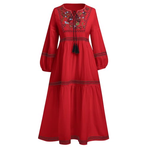 IWEMEK Mexikanisches besticktes Langarm-Maxikleid für Damen, traditionelles mexikanisches Stickkleid, Kordelzug, Blumendruck, langes Kleid,...