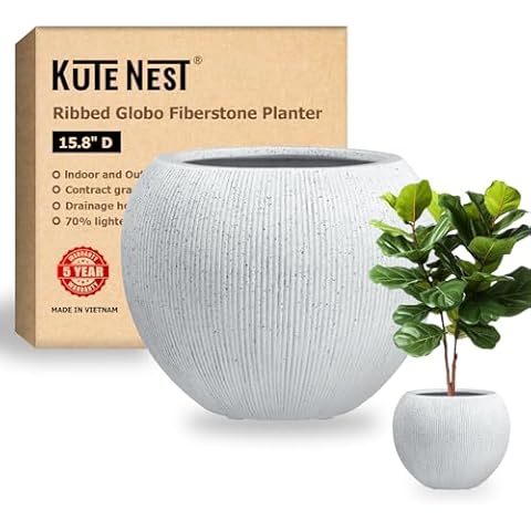 KUTE NEST Ribbed Globo 16" H Fiberstone Large Plant Pot, Planter Pot with Drainage Hole, Planters for Indoor and Outdoor Use (Speckled White, 15.80" D x 12.90" H) Cover