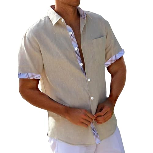 Summer Linen Shirts for Men - Casual Short Sleeve Hawaiian Loose Fit Shirt - Beige M