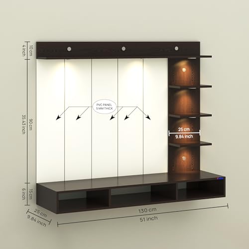 Image of Anikaa Tyron Engineered Wood Wall-Mount TV Unit with PVC Back Panel & LED Lights | TV Cabinet with Storage Box & Decorative Shelves (Wenge) | Ideal for TVs up to 43 Inch | DIY Installation