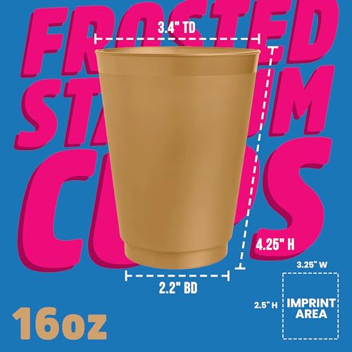 USMG 12 Pcs Multi Color Print 16oz Frosted Stadium Cups Reusable Party Cups Cool Drinkware For Events Party, Brand Promotion - BPA Free (Frosted Gold)