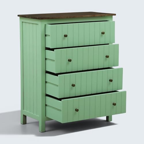 Image of Solid Wood Madrid Chest of Drawers | Drawer Chest with 4 Drawers | Wooden Drawer Storage Cabinet | Finish- Sage Green