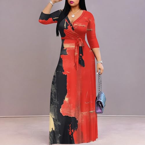 Image of PinkPatty Women's Print Maxi Dresses 3 /4 Sleeve Flowy Long Dress V Neck Wrap Tie Waist Sundress