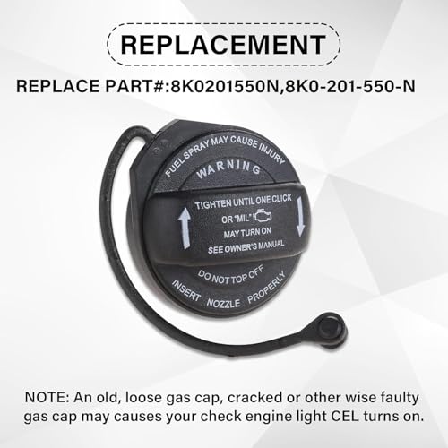 Image of Gas Cap, Fuel Cap with Retaining Strap Replace 8K0201550N, 8K0-201-550-N, 8K0 201 550 N Compatible with Audi - A4, A4 Quattro, A5, A5 Quattro, A8 Quattro, Q5, RS5, S4, S5, S8, SQ5, allroad