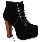  Damen Stiefeletten Plateau Boots Spitze Blockabsatz 70s Look High Heels Plateau Schuhe 26347 Schwarz Avion 38 Flandell