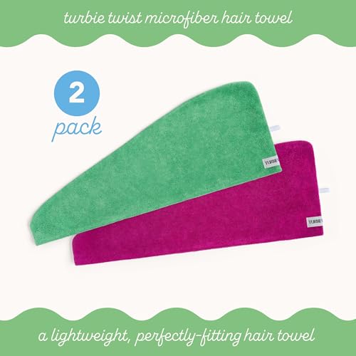 Image of Turbie Twist 2-Pack Microfiber Hair Towel for Beauty, Travel, Gifting - Wrap Turban for Straight, Wavy & Curly Hair - Premium Personal Care - Kelly Green & Wild Aster