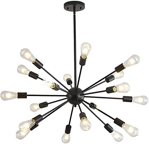 JKLX Mid-Century Sputnik Chandeliers 18-Lights, Modern Semi Flush Mount Ceiling Light Fixture Industrial Retro Hanging Lamps for Kitchen Living Room Dining Bedroom Corridor, Black（Bulb Not Included）