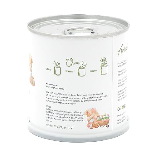 MacFlowers® | Anzuchtset mit Wildblumen | Kleine Gartenzwerge | Geschenkset mit 18 Blumen in süßer instant Blumendose | aus Liebe für Insektenvielfalt