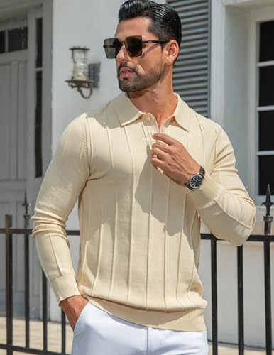 MioRoim Men's Knit Polo Shirts Casual Long Sleeve Polo Sweater Cable Ribbed Knitted Sweaters Vintage Golf Pullover Shirt2