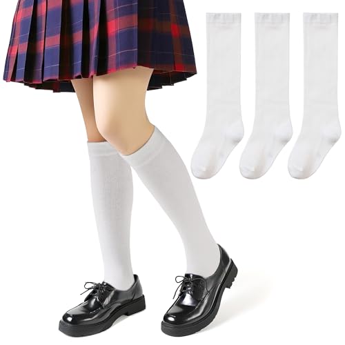 AMENLAN Kids Knee High Soccer Socks Boy Girls Cotton School Athletic Dress Socks 3 Pairs (White 6-8 Years)