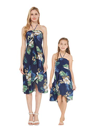 Matching Hawaiian Luau Mother Daughter Halter Dress in Pineapple Garden Navy
