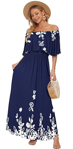 Image of AUSELILY Womens Off Shoulder Ruffle Split Summer Maxi Dresses with Pockets | Off-shoulder Ruffle dress with empire waist & side split for summer beach and casual parties