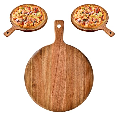 LUFEIS Acacia Wood Pizza Board, 12 Inch Round Pizza Serving Board with Handle, Wooden Chopping Boards, Large Charcuterie Boards for Pizza, Cheese, Fruits, Vegetables, Bread