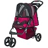 Petique Durable Pet Stroller, Easy Fold, Quality mesh Windows, Large Storage Basket, Secure Cup Holder Tray, for Small to Medium Dog, Cat, Bunny, Supports Pets up to 55LBS - RAZZBERRY