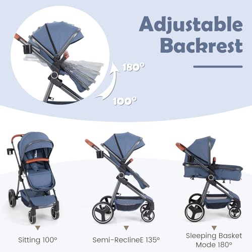 Image of INFANS 2 in 1 Baby Stroller, Newborn Convertible Stroller Bassinet for Infant, Foldable High Landscape Shock Absorption with Reversible Seat, Aluminum Structure for Toddler Pushchair 0-36 Month