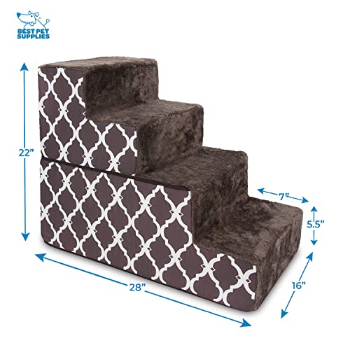 Image of Best Pet Supplies Dog Stairs & Steps - Foam Steps for Small Dogs & Cats, Non-Slip Indoor Balanced Pet Step Support, Dog Ramp, No Assembly, Brown Lattice Print, Foldable 4-Step (22-inch Height)