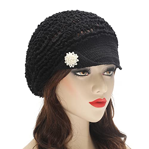Zlyc Women Summer Slouchy Crochet Hat Handmade Cutout Knit Skull Cap With Visor (Solid Black) #TOP6