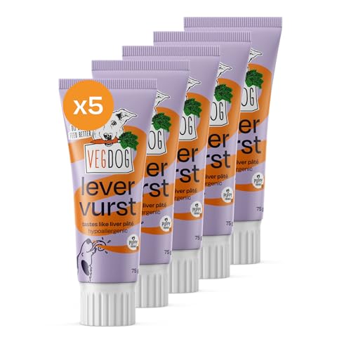 VEGDOG Levervurst pflanzlicher hypoallergener Snack zum Schlecken (5 x 75 g) | herzhafter Schlecksnack mit geräuchertem Paprikapulver | für Allergiker und Welpen geeignet