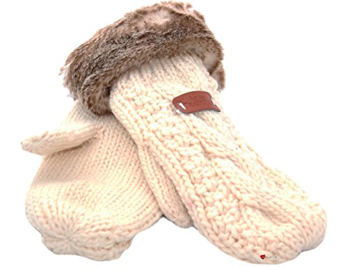 I LUV LTD Ladies Aran Knit Mitts in Cream with Fur Cuffs