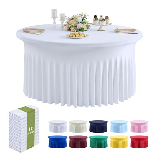 Outpain 12 Pack Spandex 72in/6FT White Round Tablecloths, Stretchy 132inch Fitted 6FT Round Table Cloths, Wrinkle Free Table Cover with Skirt for Wedding Party Dining Banquet