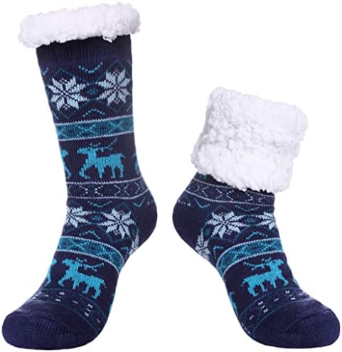 SDBING Women's Winter Super Soft Warm Cozy Fuzzy Snowflake Deer Fleece-lined With Grippers Slipper Socks (Blue)