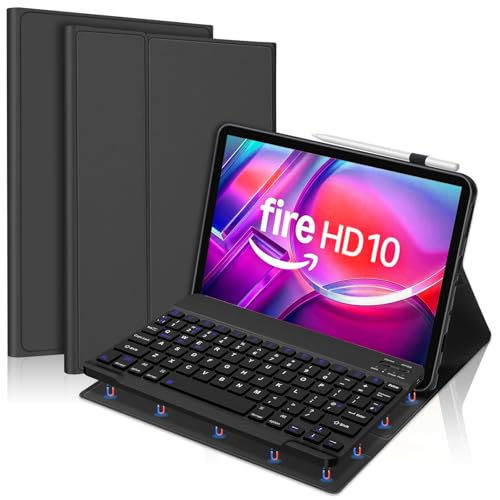 FOGARI Keyboard Case for Fire HD 10 & 10 Plus 10.1 inch (13th/11th Generation 2023/2021), Detachable Bluetooth UK Layout Keyboard Cover, Black