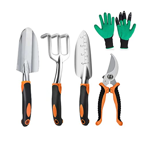 Nircho Gartenwerkzeug Set, 5 Stück Schwerlast Aluminium Gartenarbeit Kit Ausgestattet mit Gartenhandschuhe, Gartenschere, Rechen, Gartenschaufel und Sämann, Gartengeschenk Frauen und Männer Cover
