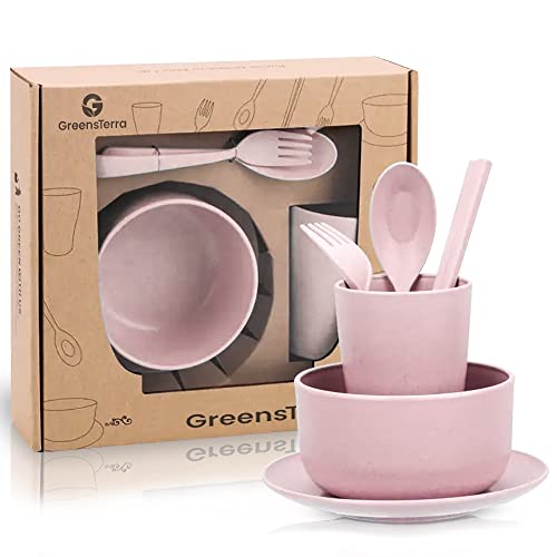 GREENSTERRA Eco-friendly Wheat Straw Dinnerware Set - Reusable and Durable Wheat Straw Plates and Bowls Set with Utensils - Great for Picnic Camping - Microwave & Dishwasher safe - Pink