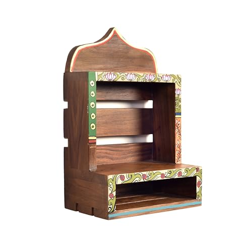 Image of AAKRITI ART CREATIONS Handcrafted Brown Wooden Wall Shelf | Decorative Hand-Painted Storage Rack, Floral Art, Matte Finish | Wall Mount Shelf for Home
