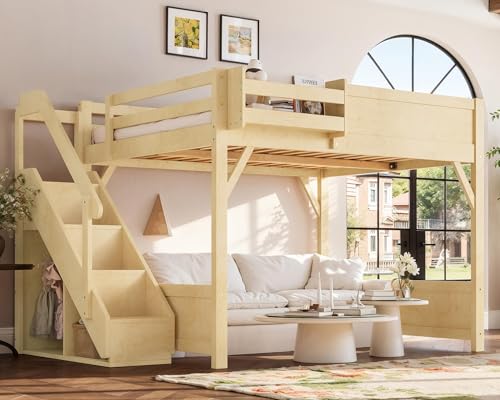 Image of KEIKI Solid Wood Queen Size Loft Bed Frame with Stairs, Built-in Wardrobe and Storage Space, Queen Loft Bed with Shelves, Queen-Length Guardrails, No Box Spring Needed for Bedroom, Natural