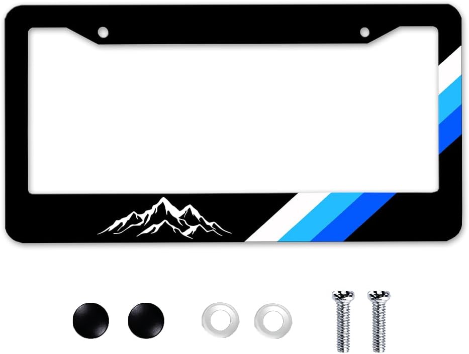 Modern Mountain & Striped Aluminum License Plate Frame - 6x12 Inch Sleek Black/Blue/White Auto Tag Holder, Includes Mounting Screws, Outdoor Adventure Theme Car Accessory for Nature Enthusiasts