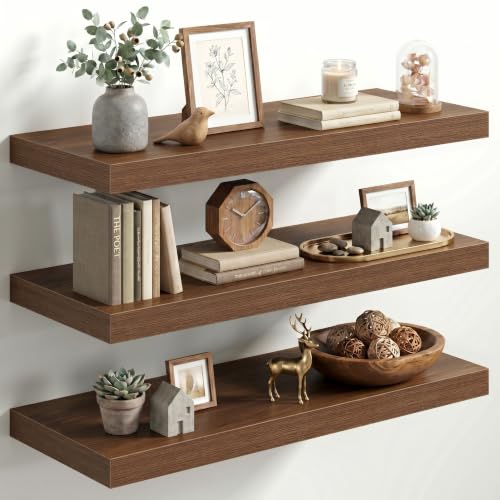 Image of Fun Memories 30 Inch Floating Shelves for Wall, 12 inch Deep Large Wall Mounted Wood Shelves with Invisible Bracket, Rustic Walnut Floating Shelf for Bathroom Over Toilet Kitchen Living Room, Set of 3