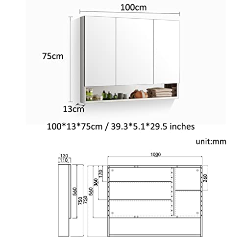 3 Door Bathroom Medicine Cabinet With Mirror, Stainless Steel Dressing Mirror, For Use In Wet/Dry Environments, Recess Or Surface Mount For Men/Women (Color : Silver, Size : 100 * 13 * 75Cm) #TOP2
