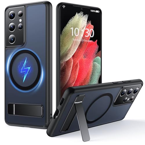 FNDMIL für Samsung Galaxy S21 Ultra Hülle mit MagSafe [Klapp Ständer] [Laden Beim Stehen] [Militärisch Stoßfest] Durchscheinender Matt Silikon Bumper Handyhülle für S21 Ultra Case Slim,Schwarz