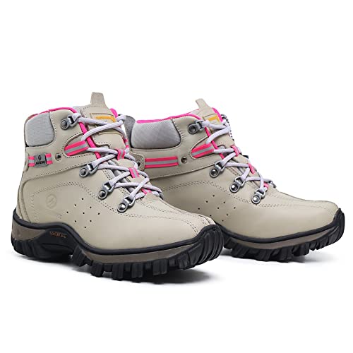 Bota Feminina Para Trabalho Passeio Trilha Em Couro Legitimo Conforto (Cinza-rosa, BR, Adulto, Numér