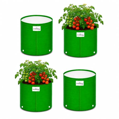 Image of Grow Bags for Terrace Gardening, Premium HDPE Green-Orange Large Planters for Fruit Trees, Vegetables, Flowers & Home Garden Pack of 4(15x15)