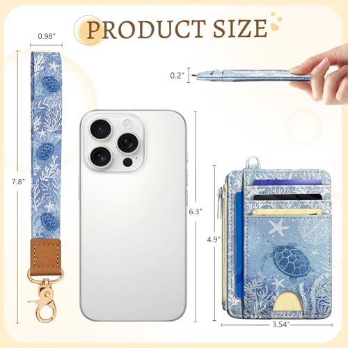 Image of Kelvoris Sea Turtle Slim Wallet Women Credit Card Holder, Ocean Small RFID | Keychain, Zipper Coin Pocket, Front Pocket Thin Travel Card Case, Minimalist, 6 Card Slots, 1 ID Window, Ladies Gifts Woman