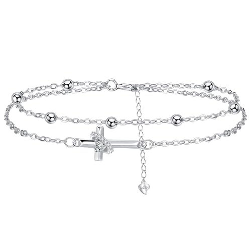 J.MUEN Bracelet Croix Religieuse Bracelet Femmes Argent Sterling 925, Classique Cadeau De Baptême pour Femme Soeur Mère Grand-Mère (17+4 cm)