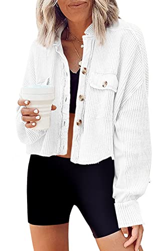 Image of Panadila Womens Waffle Knit Jacket Cropped Cardigan | Button Down Shirt, Long Sleeve Shacket, Classic Outwear with Pocket, Short Jacket, Trendy, Casual
