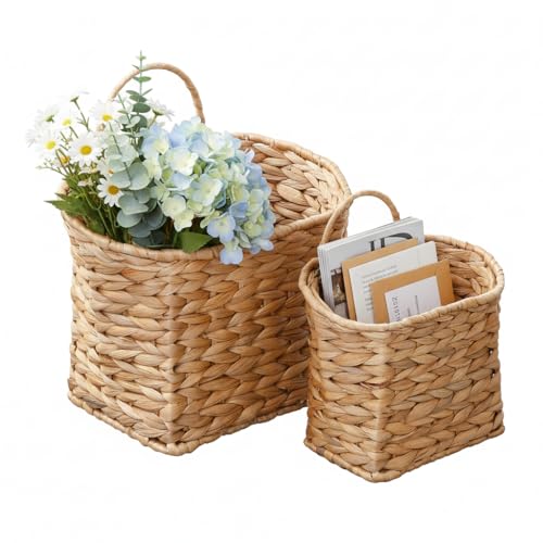 Coeusy Set of 2 Hanging Basket Wicker Wall Basket for Door Mail Flower Planters Natural Water Hyacinth Storage Basket for Garden Farmhouse Home Decor