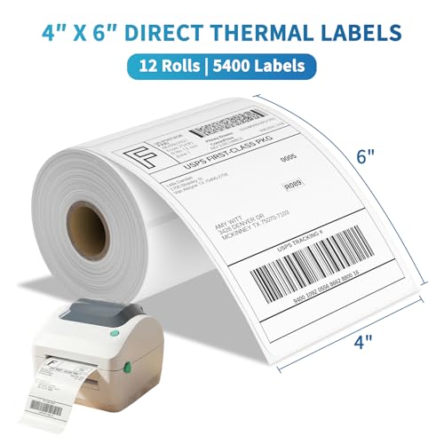 Image of 9527 Product 4x6 Direct Thermal Shipping Labels for Zebra 2844 ZP-450 ZP-500 ZP-505,Blank,450 Labels /Roll, 1 inch Core (12 Rolls)