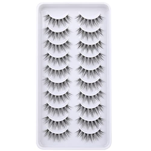 Kiromiro Eyelashes Clear Band False Lashes Extension 12mm Wispy Faux Mink Eyelashes Fluffy Natural Strip Lashes Pack 10 Pairs