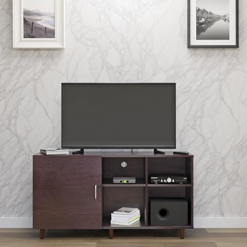 Image of VIKI Modern TV Unit for Living Room | Engineered Wood TV Cabinet with 1 Door Storage & 2 Open Shelves, Set Top Box Stand, Entertainment Unit, 140W x 74H x 40D cm | DIY | 1 Year Warranty (Wenge)