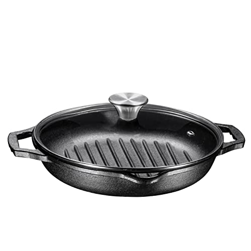 Bruntmor Enameled Cast Iron Skillet Deep Round Grill Pans For Stove Tops With Glass Lid|10 Inch Frying Pan Cast Iron Skillets With Double Loop Handles & Lid Safe For Oven & All Cooking Tops, Black #TOP1