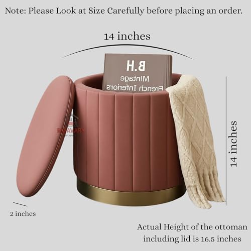 Image of Round Velvet Luxurious Storage Ottoman, Pouf with Storage Vanity Stool Chair,Upholstered Foot Rest Stool with Gold Strip Base for Living Room or Bedroom (Pink, Medium- 36Dx36Wx40H)