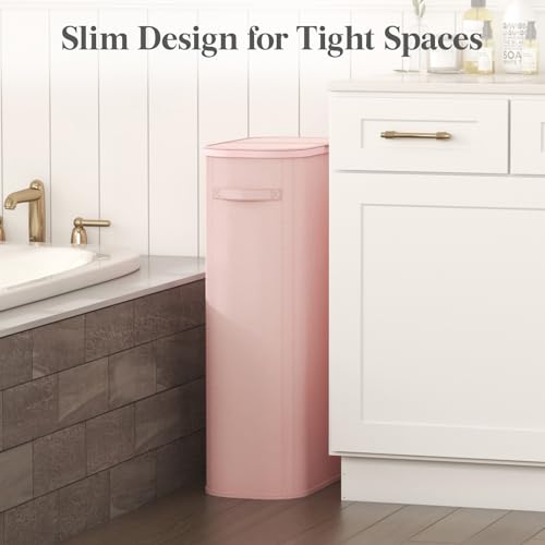 Image of Lifewit Slim Laundry Basket with Lid, Narrow Large Laundry Hamper with Plastic Handles and Removable Bag, Tall Foldable Dirty Clothes Hampers for Laundry Room, Bedroom, Bathroom, Dorm, 75L Pink