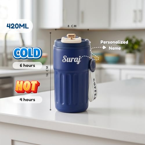 Image of Giftana 3 in 1 Personalized Tumbler 420ml with Coffee Mug & 2 Coasters - Customized Gift Set for Men & Women, Ideal for Husband, Father, Corporate Gifts for Employee (Blue)