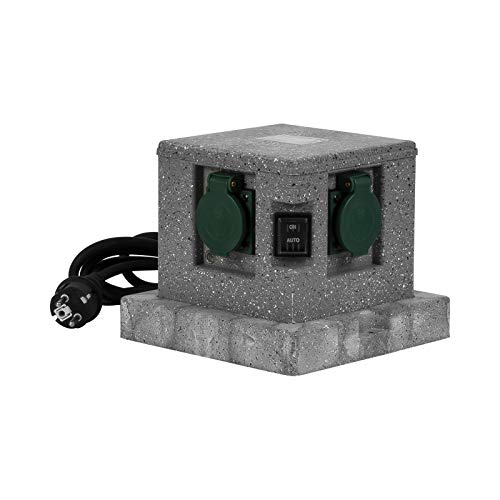 Grafner Gartensteckdose in Steinoptik mit Dämmerungssensor ON/Auto, 4 Steckdosen, 3680W / 16A, 3 Meter Zuleitung mit Stecker, eckig, Energiesäule Mehrfachsteckdose Außen Outdoor Stein Optik Würfel
