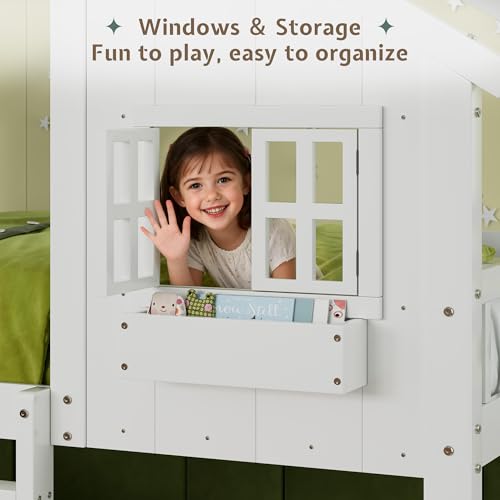 Image of Jocisland Twin Over Twin Bunk Bed with Slide and Ladder, Solid Wood, White | Play House Bunk Bed, 14 inch Safety Guardrails, Window Box Shelf, No Box Spring Needed, Noise-Free, Easy assembly