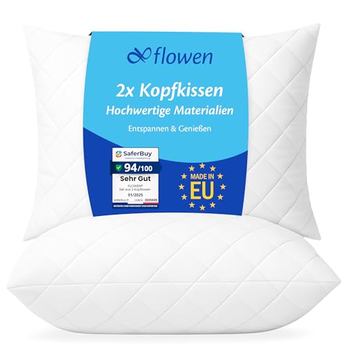 Flowen Kopfkissen 40×80 cm Kissen für Bett 40 x 80 2er Set Bettkissen Hypoallergene Anti-Milben Weiche Kissenfüllung mit Weicher Gesteppter Kopfkissenbezug Abnehmbarem und Waschbaren Schlafkissen